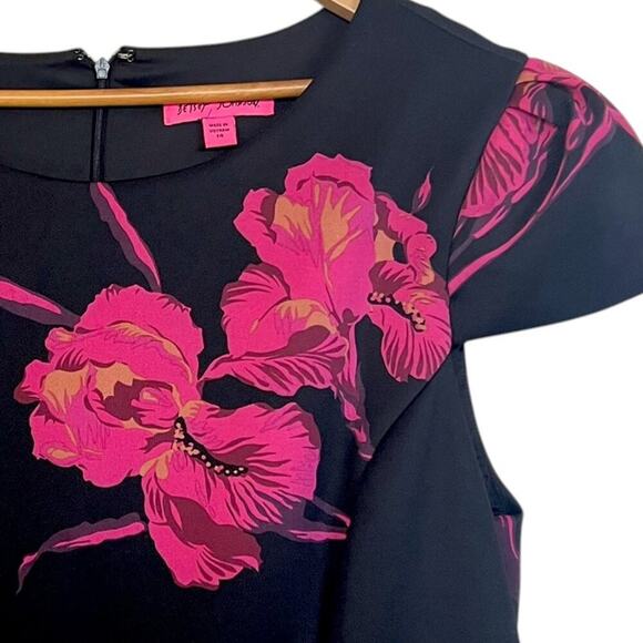 Betsy Johnson Dress Size 14 Black Floral Sheath Front Slit Scuba Cap Sleeve - Picture 11 of 11